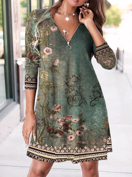

Ethnic Orientation Print Zip V-Neck Long Sleeve Dress, Green, Dresses