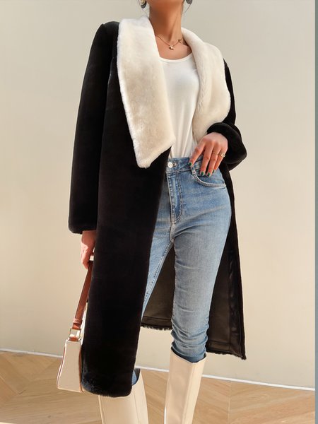 

Shawl Collar Color Block Loose Teddy Coat, Black, Coats