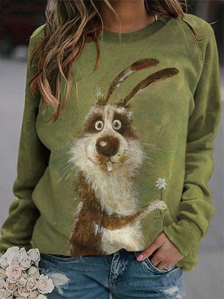 

Crew Neck Loose Animal Sweatshirt, Green, Sweatshirts & Hoodies