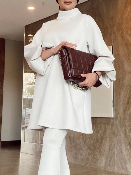 

Long sleeve Loose Elegant Turtleneck Top, White, Linen Tops