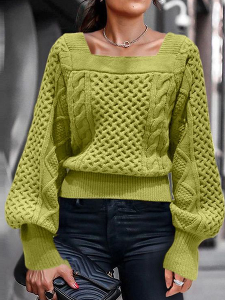 Loose Urban Plain Square Neck Long sleeve Sweater, Green, Pullovers