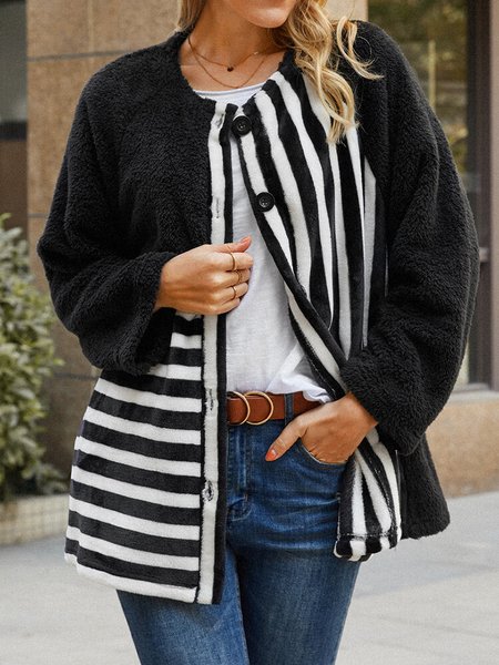 

Fleece Striped Casual Oversized Coat, Black, Coats