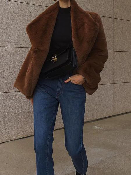 

Loose Shawl Collar Long sleeve Urban Teddy Jacket, Brown, Others