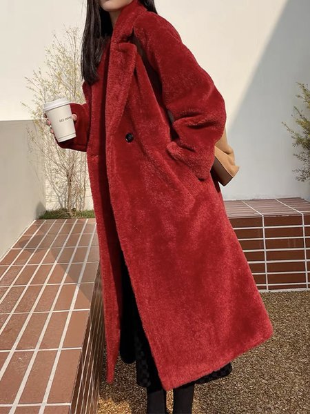 

Loose Simple Long Sleeve Plain Teddy Jacket, Red, Others