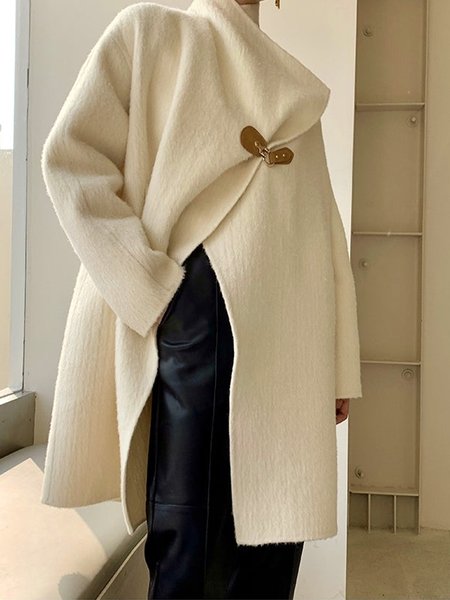 Long sleeve Loose Plain Shawl Collar Overcoat, Beige, Coats
