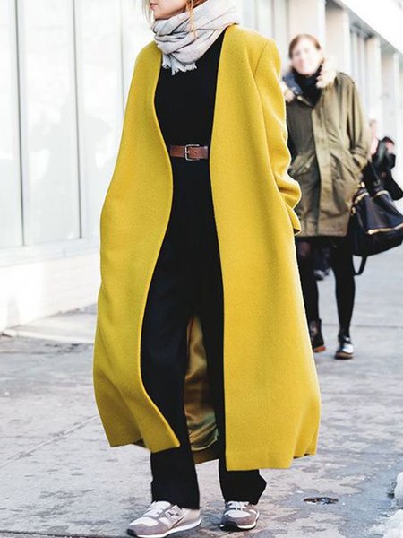 

Plain Long sleeve Loose Simple Overcoat, Yellow, Coats