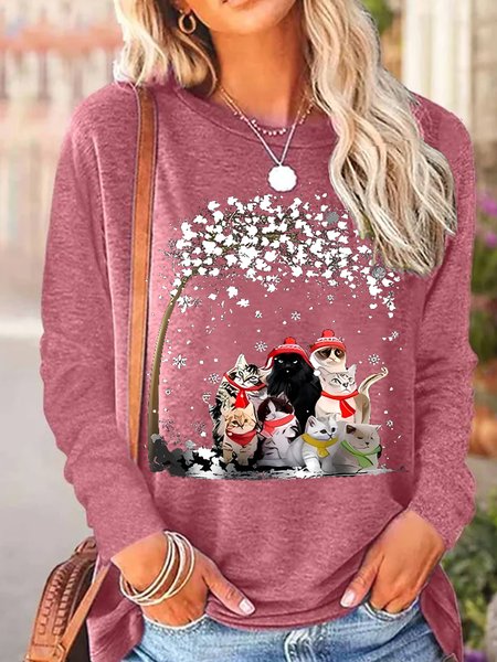 

Women's Christmas Cat Funny Print Crew Neck Cotton-Blend Regular Fit Top, Red, Long sleeves