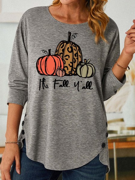 

Women Pumpkin Light Crew Neck Halloween Tops, Gray, Long sleeves