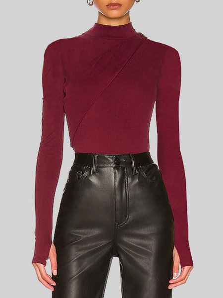 

Plain Daily Long sleeve Half Turtleneck T-Shirt, Deep red, Tees