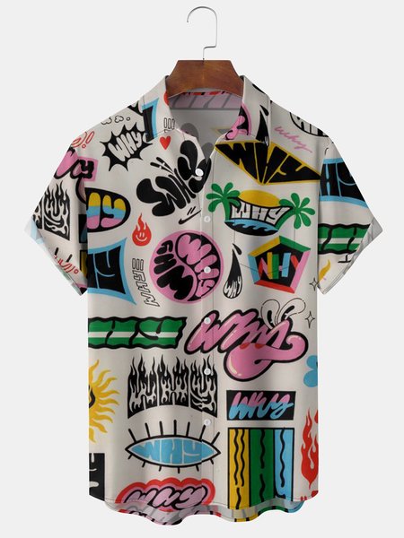 

Graffiti Chest Pocket Short Sleeve Hawaiian Shirt, Khaki, Short Sleeve Shirts