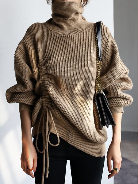 

Plain Loose Drawstring Turtleneck Sweater, Khaki, Pullovers