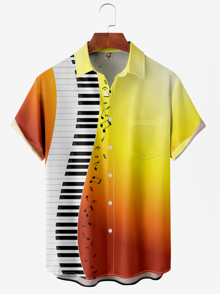 

Musical Chest Pocket Short Sleeve Lapel Hawaiian Shirt, Yellow, Short Sleeve Shirts