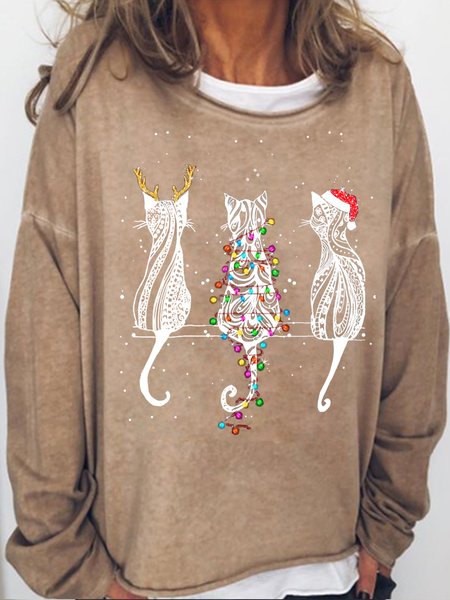 

Womens Cat Christmas Print Sweatshirt, Light brown, Hoodies&Sweatshirts