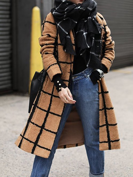 

Loose Urban Lapel Collar Long sleeve Plaid Teddy Mid-long Jacket, Brown, Others
