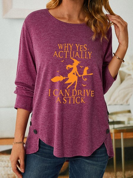 

Women Funny Graphic Yes I Can Drive A Stick Crew Neck Halloween Loose Top, Burgundy, Long sleeves