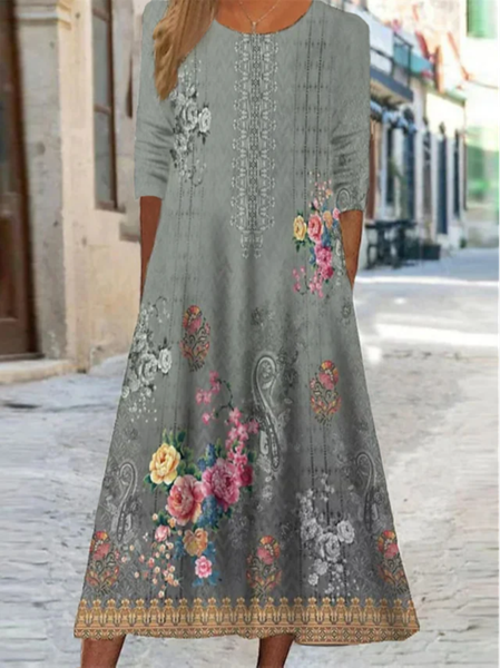 

Loose Floral Crew Neck Dresses, Multicolor, Dresses