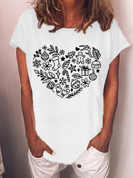 

Women's Merry Christmas Gingerbread Man Snowflake Heart Print Cotton-Blend Crew Neck T-Shirt, White, T-shirts