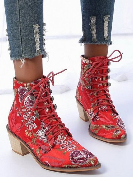 

Floral Satin Chunky-Heel Pointed-Toe Booties, Red, Boots