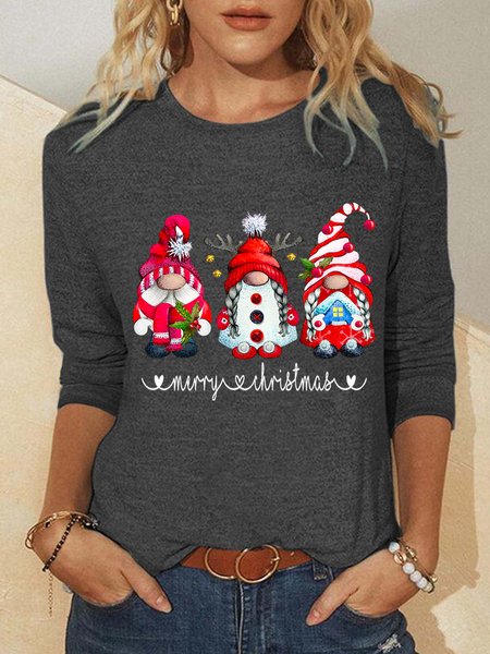 

Women Funny Merry Christmas Gnomes Simple Cotton-Blend Long sleeve Top, Gray, Long sleeves