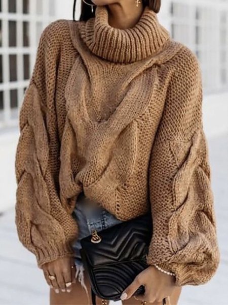 

Daily Winter Plain Loose Turtleneck Sweater, Khaki, Pullovers