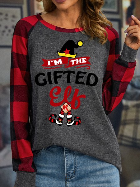 

Lilicloth X Paula I‘m The Gifted Elf Women's Christmas Long Sleeve Buffalo Plaid T-Shirt, Gray, Long sleeves