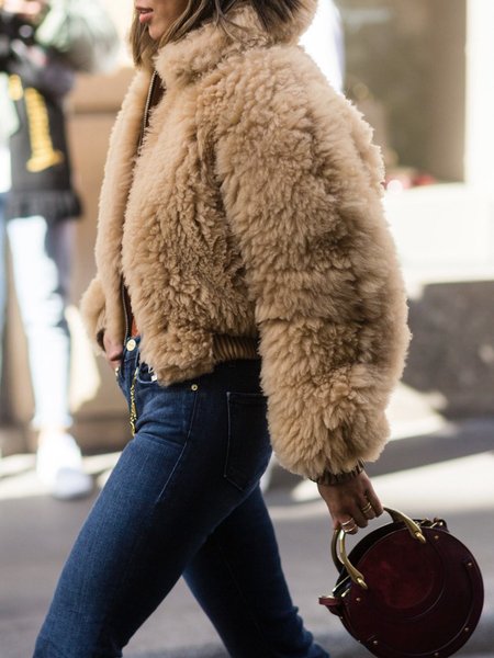 

Loose Street Plain Long Sleeve Teddy Jacket, Khaki, Others