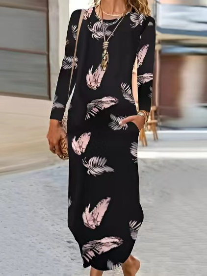 

Casual Crew Neck Feather Pattern Regular Fit Dresses, Black, Dresses