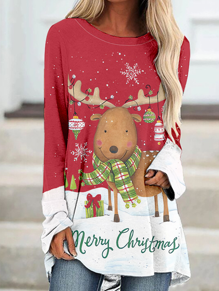 

Women Christmas Elk Casual Loose Crew Neck Long sleeve Long sleeve Tops, Red, Long sleeves