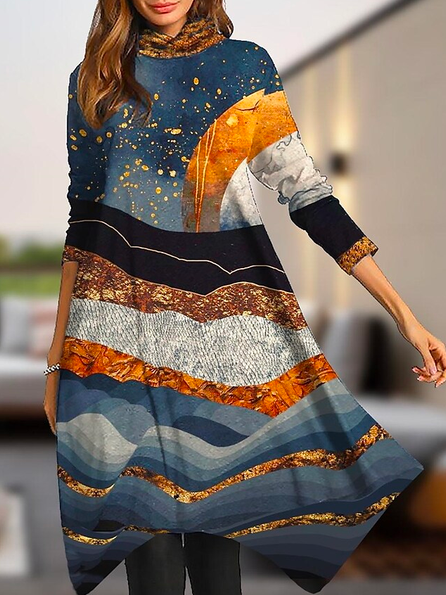 

Loose Half Turtleneck Color Block Dresses, Multicolor, Dresses