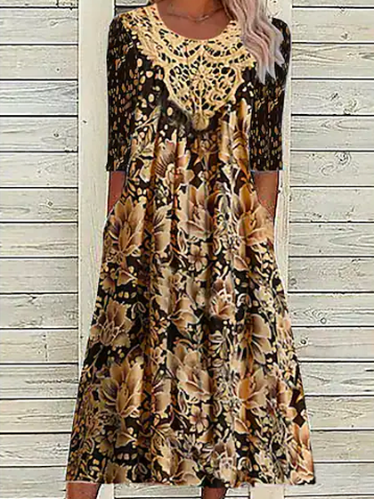 

Crew Neck Loose Ethnic Boho Dress, Multicolor, Dresses