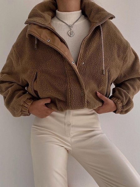 

Long Sleeve Loosen Casual Plain Teddy Jacket, Brown, Coats