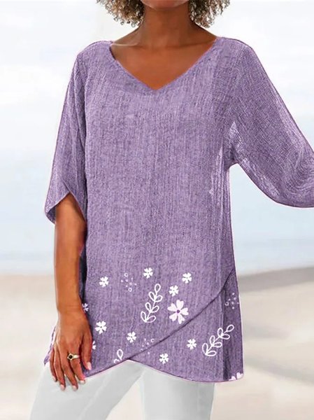 

JFN V Neck Floral Casual Blouse, Purple, Shirts & Blouses