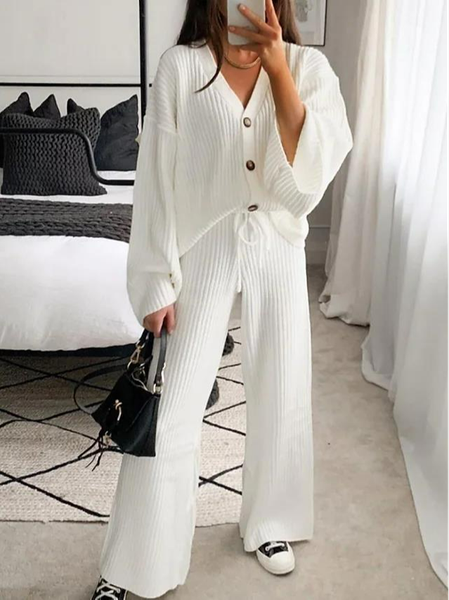 

Casual V Neck Two Piece Sets, White, Suit Set