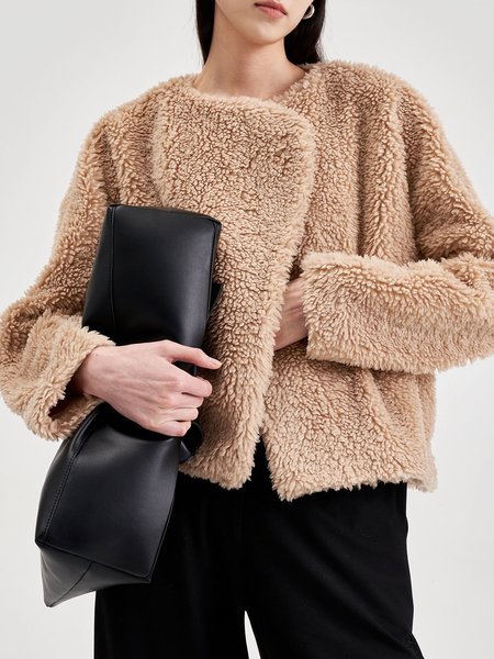 

Long sleeve Simple Shawl Collar Teddy Jacket, Khaki, Others