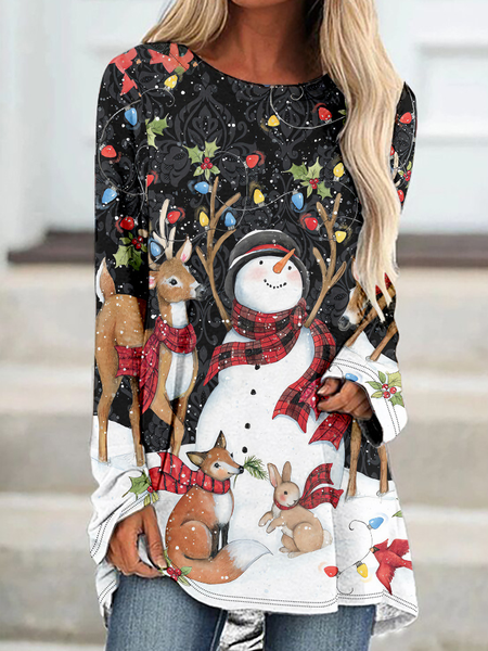 Women Santa Claus Elk Long sleeve Casual Top, Black, Long sleeves