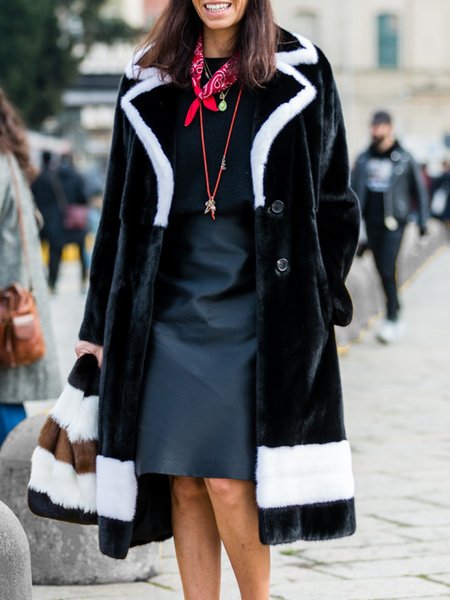 

Lapel Collar Color Block Teddy Coat, Black-white, Others