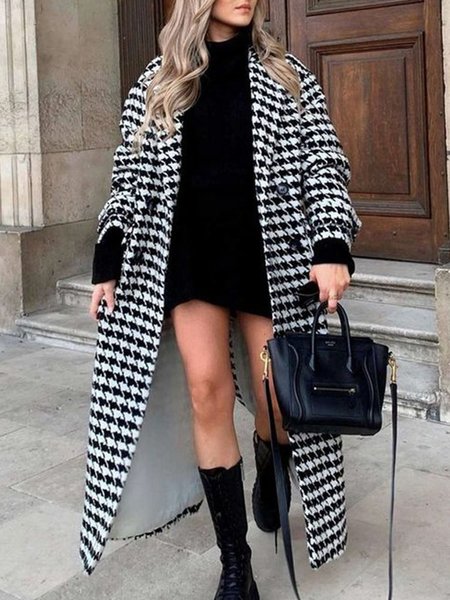 

Daily Long sleeve Houndstooth Loose Lapel Collar Overcoat, Black, Coats