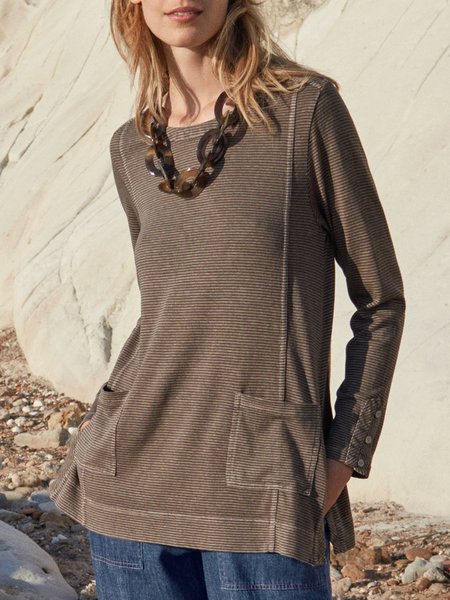 

Striped Crew Neck Buttoned T-Shirt, Brown, Tunics