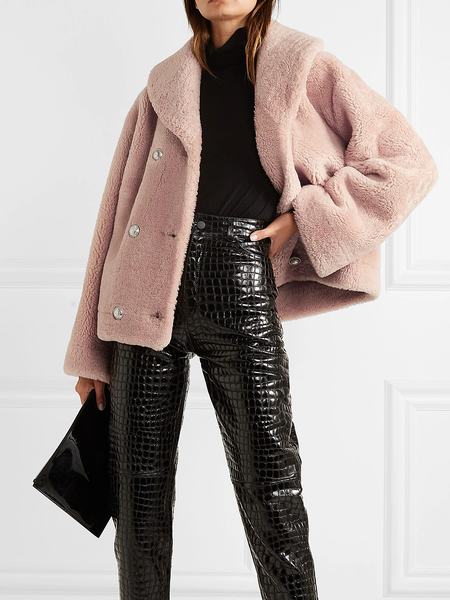 

Plain Loose Shawl Collar Long sleeve Teddy Jacket, Pink, Others