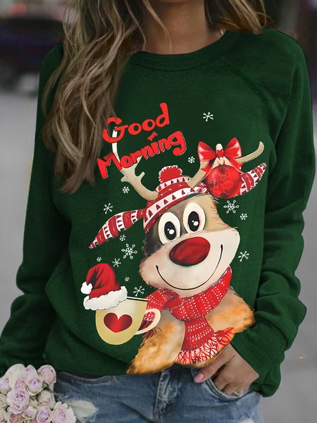 

Women's Good Morning Cute Christmas Elk Coffee Casual Crew Neck Sweatshirt, Green, Hoodies&Sweatshirts