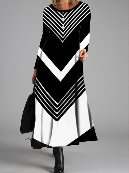 

Color Block Casual Crew Neck Geometric Long Sleeve Dress, Black-white, Maxi Dresses