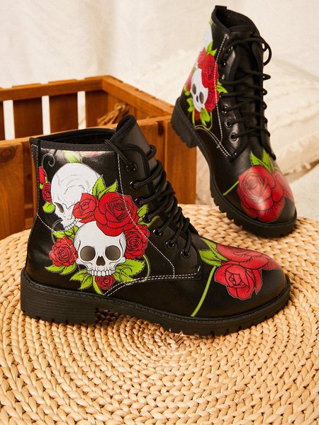 

Halloween Valentine's Day Red Rose Skull Graphic Lace-Up Booties, Black, Sneakers