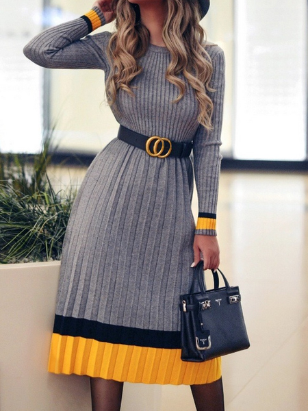 

High Elasticity Regular Fit Long sleeve Elegant Long Dresses, Gray, Maxi Dresses