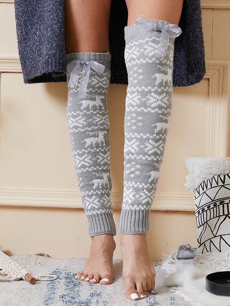 

Christmas Elk Snowflake Pattern Hand Crochet Jacquard Red Stockings Over the Knee Socks Festive Party Matching, Gray, Socks