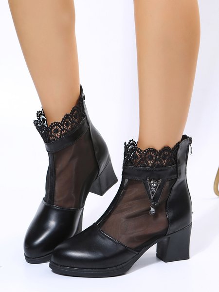 

Black Lace Rhinestone Mesh Panel Chunky Heel Booties, Boots