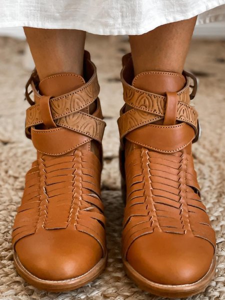 Brown Strap Chunky Heel Western Booties, Boots