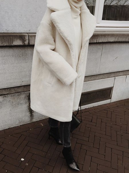 

Simple Long Sleeve Lapel Collar Loose Plain Teddy Jacket, White, Coats