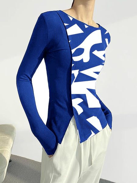 

High Elasticity Tight Crew Neck Long sleeve Urban T-Shirt, Blue, Tees