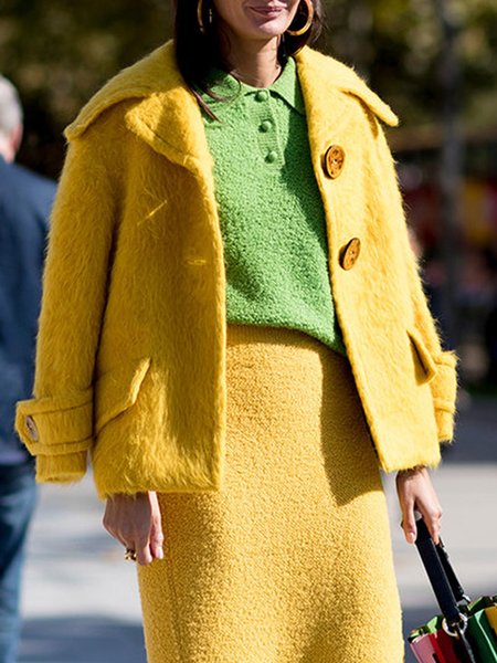

Plain Lapel Collar Urban Buttoned Teddy Coat, Yellow, Others