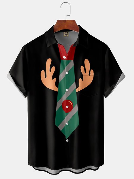 

Christmas Chest Pocket Short Sleeve Hawaiian Shirt, Black, Short Sleeve Shirts